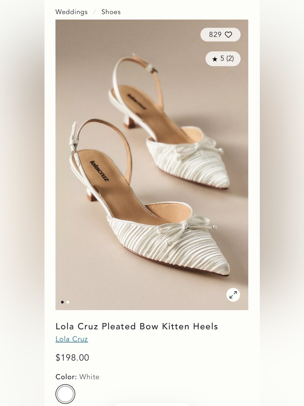 Lola Cruz White Pleated Bow Kitten Heel Slingbacks Size 10 - Worn Once